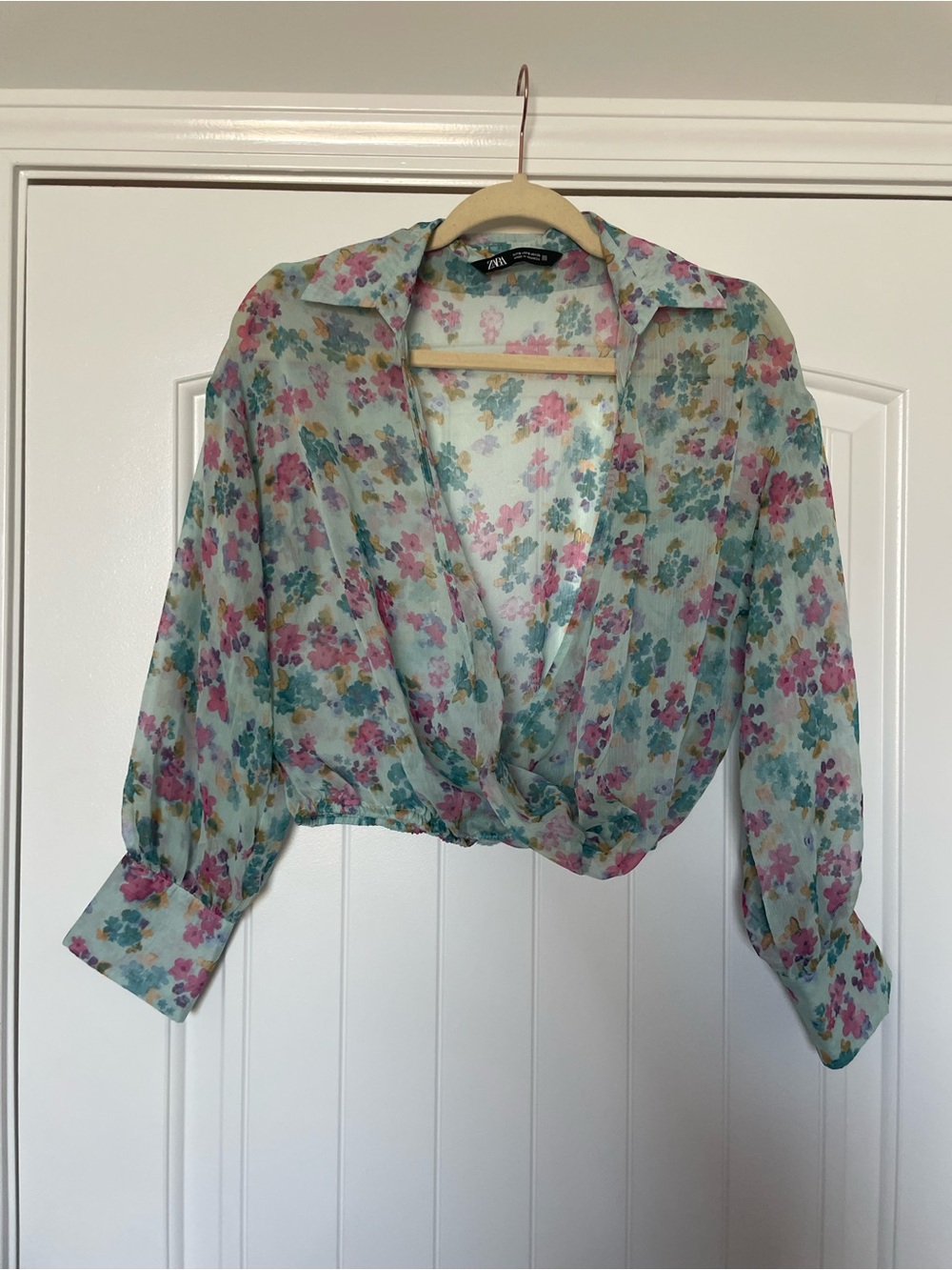 Zara Sheer Floral Tie-Front Blouse in Mint, Pink and Teal